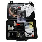 Open instrument case showing PosiTector coating thickness meters, manuals, and cables in a black carrying case with accessories inside.
