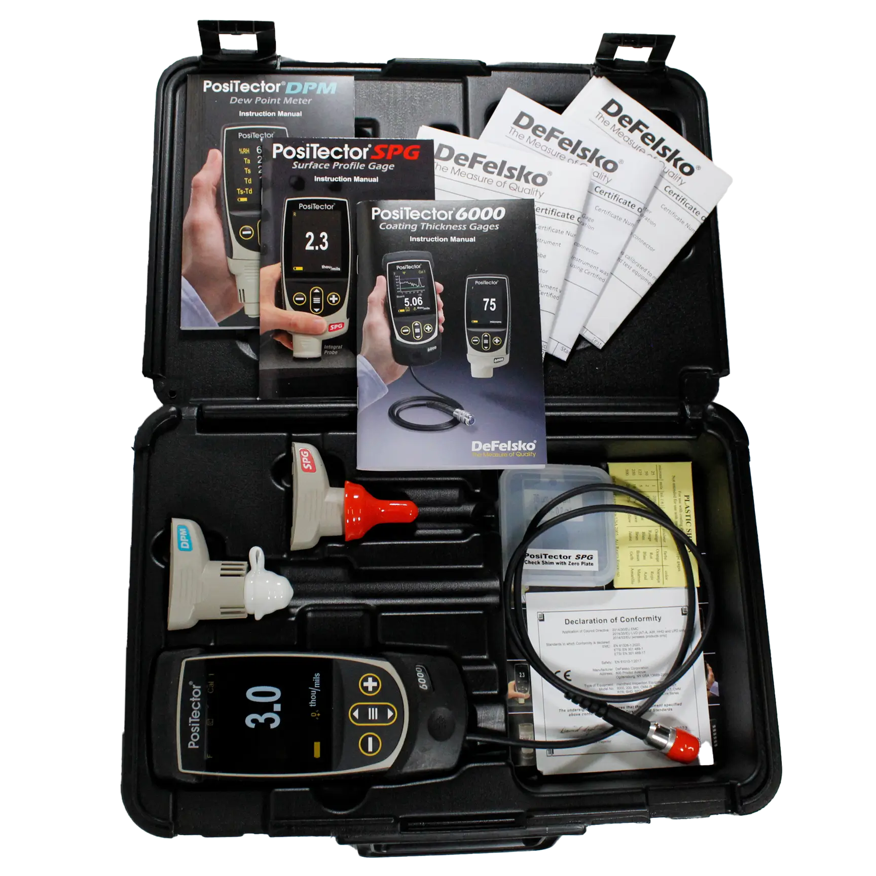 Open instrument case showing PosiTector coating thickness meters, manuals, and cables in a black carrying case with accessories inside.