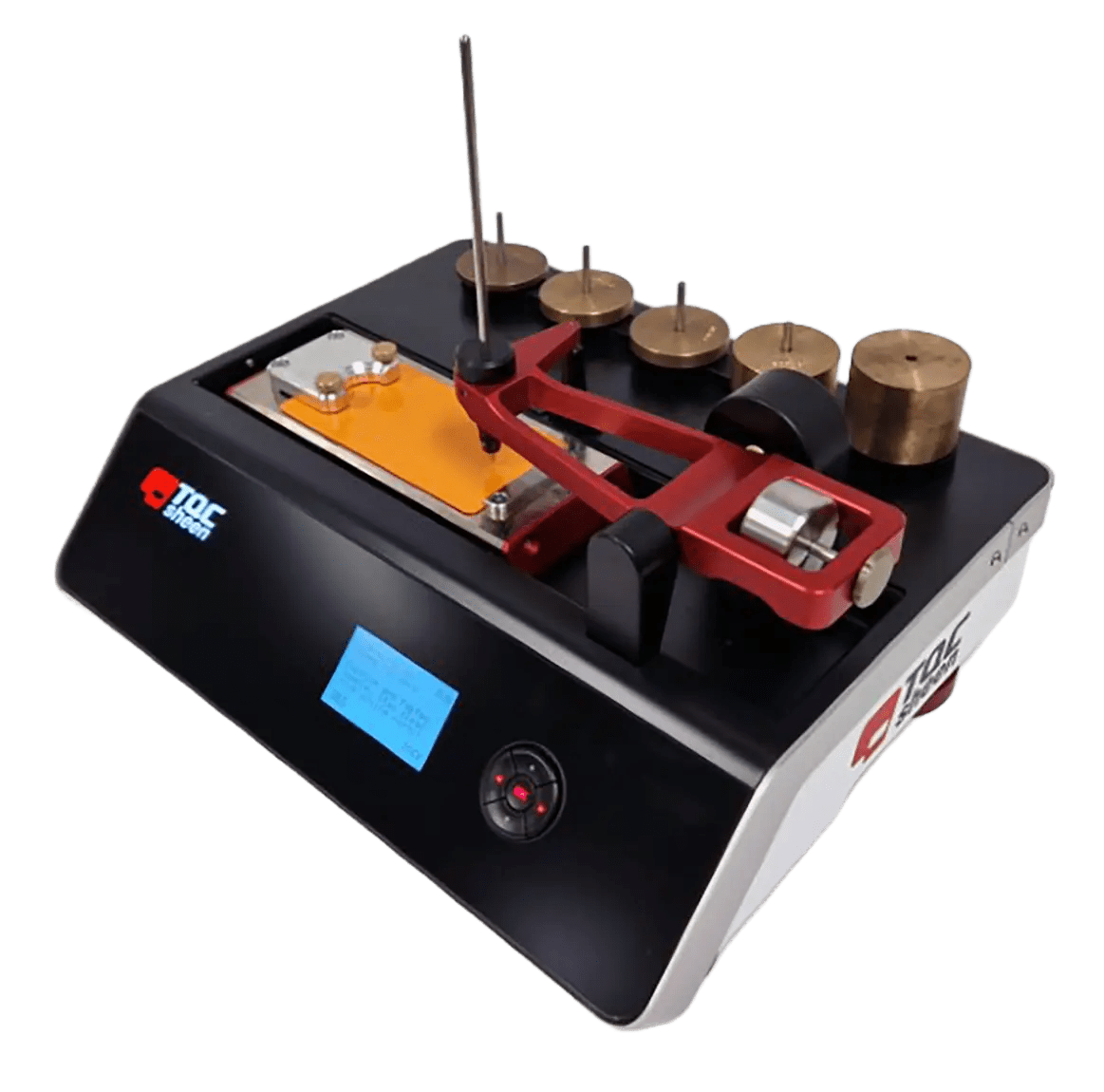 Benchtop laboratory testing instrument with a red lever frame and brass weight wheels on a black base.