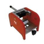 Red manual press tool with silver metal frame and black handle, shown from the side